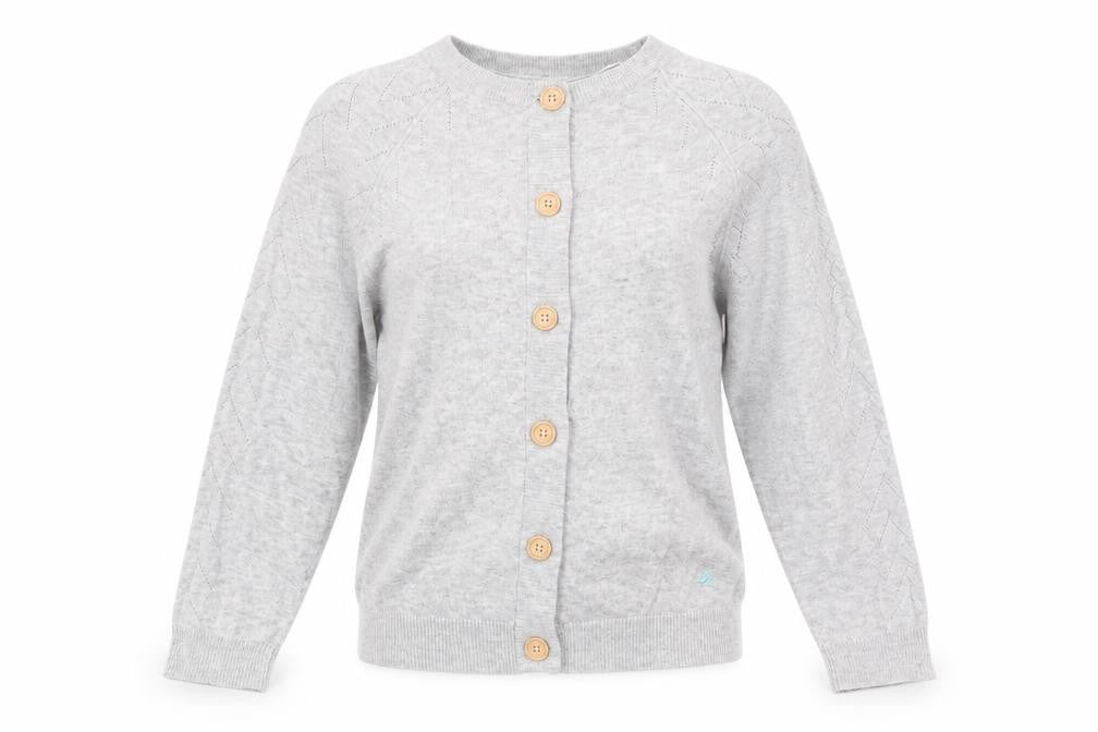 Front view of Mantaray Women's Grey Button Cardigan, size 8, Long Sleeve Knit