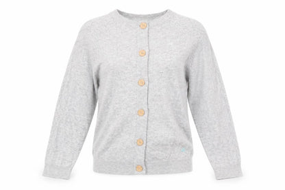 Front view of Mantaray Women's Grey Button Cardigan, size 8, Long Sleeve Knit