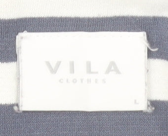 VILA Women’s Blue White Striped Shift Dress L 3/4 Sleeve Boat Neck