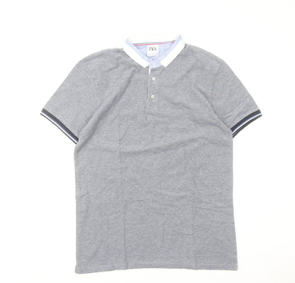 Zara Men’s Grey Short Sleeve Polo Shirt Size L Regular Fit