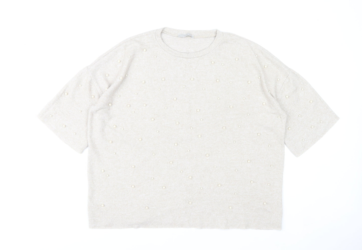 Zara Women Beige Beaded Knit Short Sleeve T-Shirt M