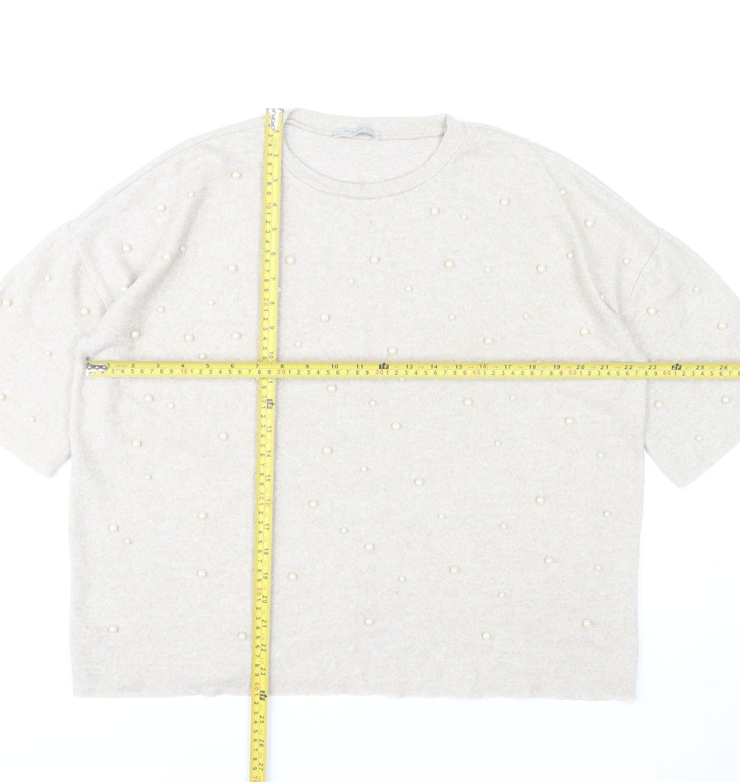 Zara Women Beige Beaded Knit Short Sleeve T-Shirt M