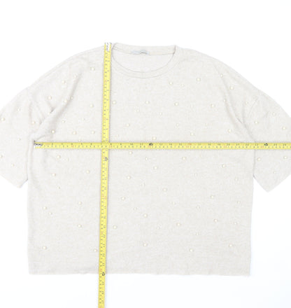 Zara Women Beige Beaded Knit Short Sleeve T-Shirt M