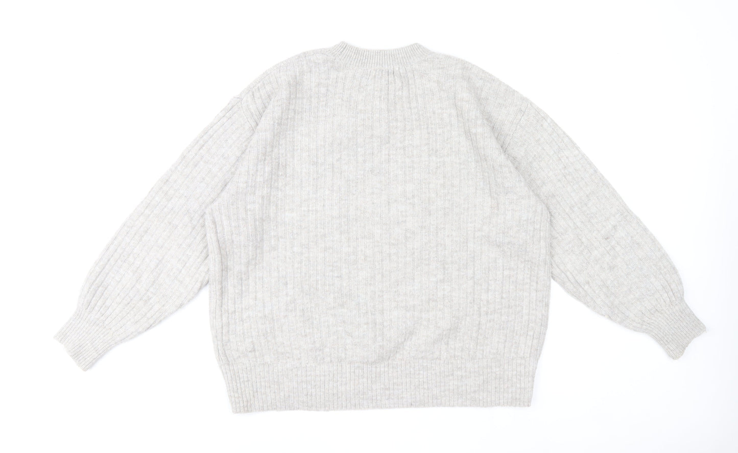 H&M Women’s Grey Crew Neck Rib-Knit Pullover Jumper Size M