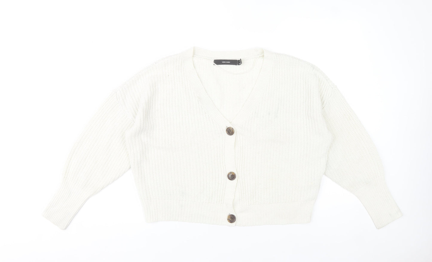 Vero Moda Women White Knit V-Neck Chunky Button Cardigan L