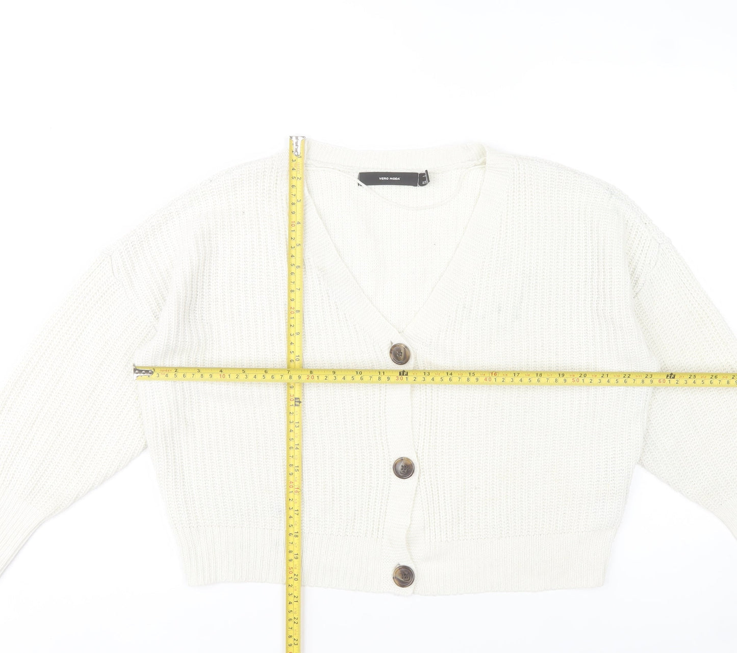 Vero Moda Women White Knit V-Neck Chunky Button Cardigan L