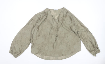 Gallery Women Olive Green Floral Tunic Blouse Long Sleeve V-Neck S