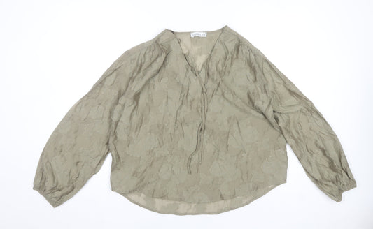 Additional front view of Gallery Women Olive Green Floral Tunic Blouse Long Sleeve V-Neck S