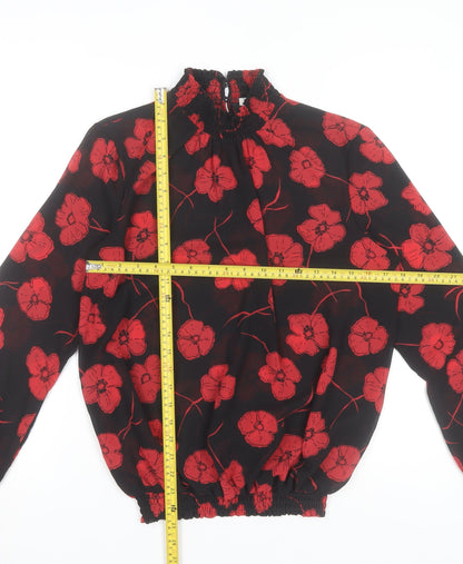 Pieces Womens Black Red Floral High Neck Chiffon Tunic Blouse M