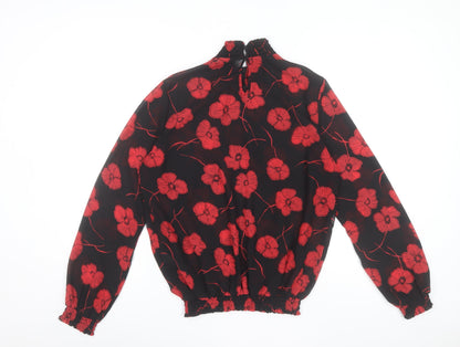 Pieces Womens Black Red Floral High Neck Chiffon Tunic Blouse M