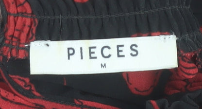 Pieces Womens Black Red Floral High Neck Chiffon Tunic Blouse M