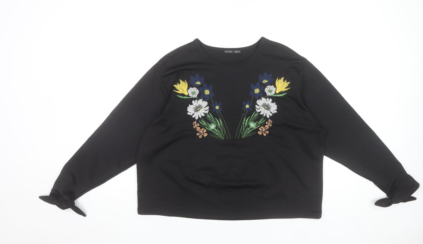 Zara Women Black Embroidered Floral Long Sleeve Tunic Top Size M