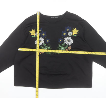 Zara Women Black Embroidered Floral Long Sleeve Tunic Top Size M