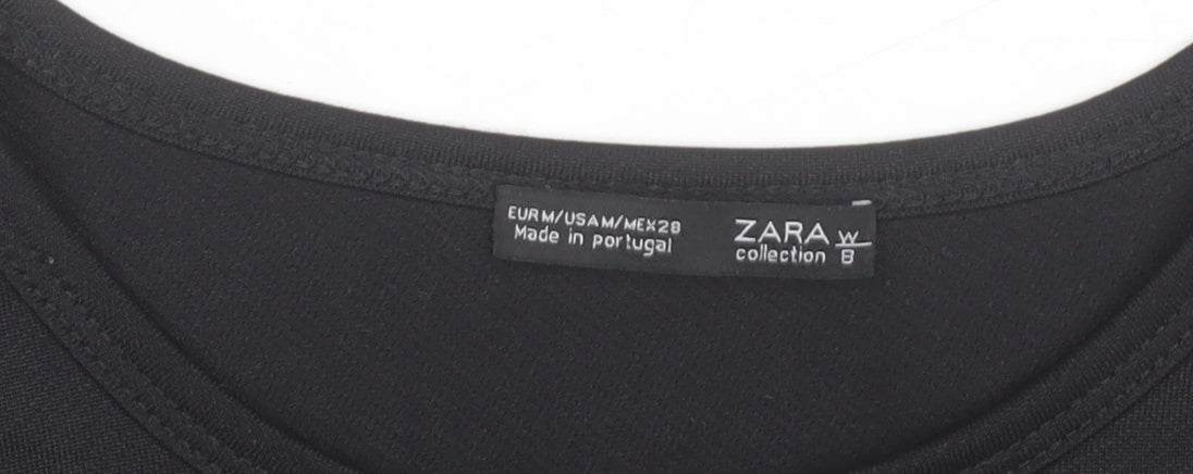 Zara Women Black Embroidered Floral Long Sleeve Tunic Top Size M
