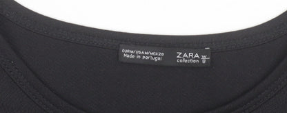 Zara Women Black Embroidered Floral Long Sleeve Tunic Top Size M