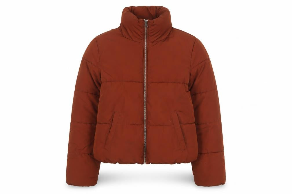 Front view of Jacqueline de Yong Women’s Brown Puffer Jacket, size S, Winter Coat