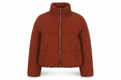 Front view of Jacqueline de Yong Women’s Brown Puffer Jacket, size S, Winter Coat