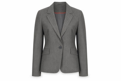 Front view of Dunnes Women Grey Pinstripe Single-Breasted Blazer, size 14, Medium
