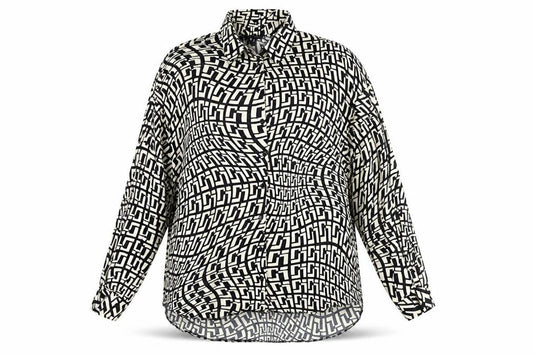 New Look Women's Black Geometric Button-Up Shirt UK 12 Long Sleeve Viscose