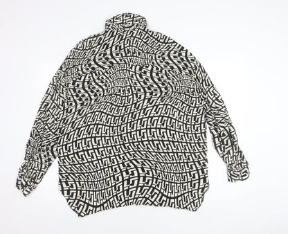 New Look Women's Black Geometric Button-Up Shirt UK 12 Long Sleeve Viscose