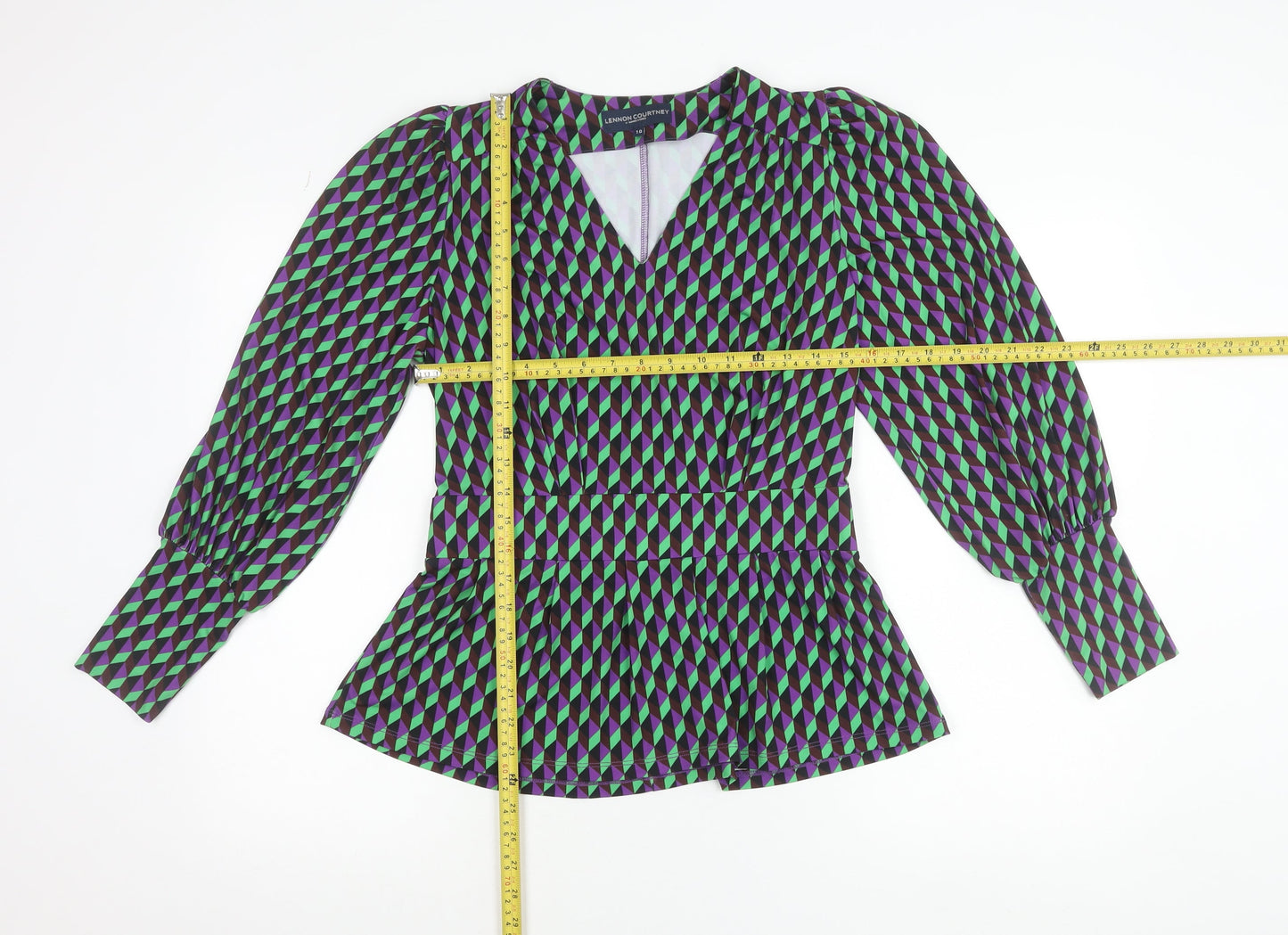 Lennon Courtney Women's Multicoloured Geometric Peplum Blouse Size 10