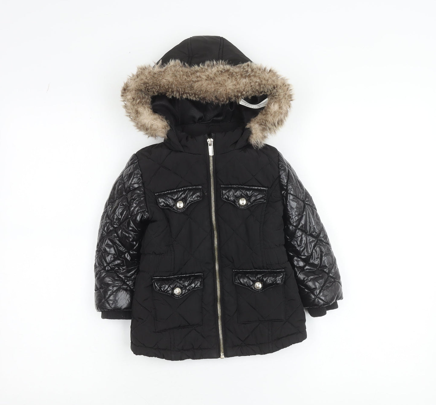 River Island Girls Black Faux Fur Hooded Quilted Puffer Jacket 2-3 Years