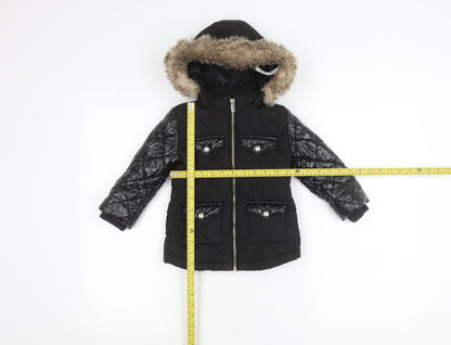 River Island Girls Black Faux Fur Hooded Quilted Puffer Jacket 2-3 Years