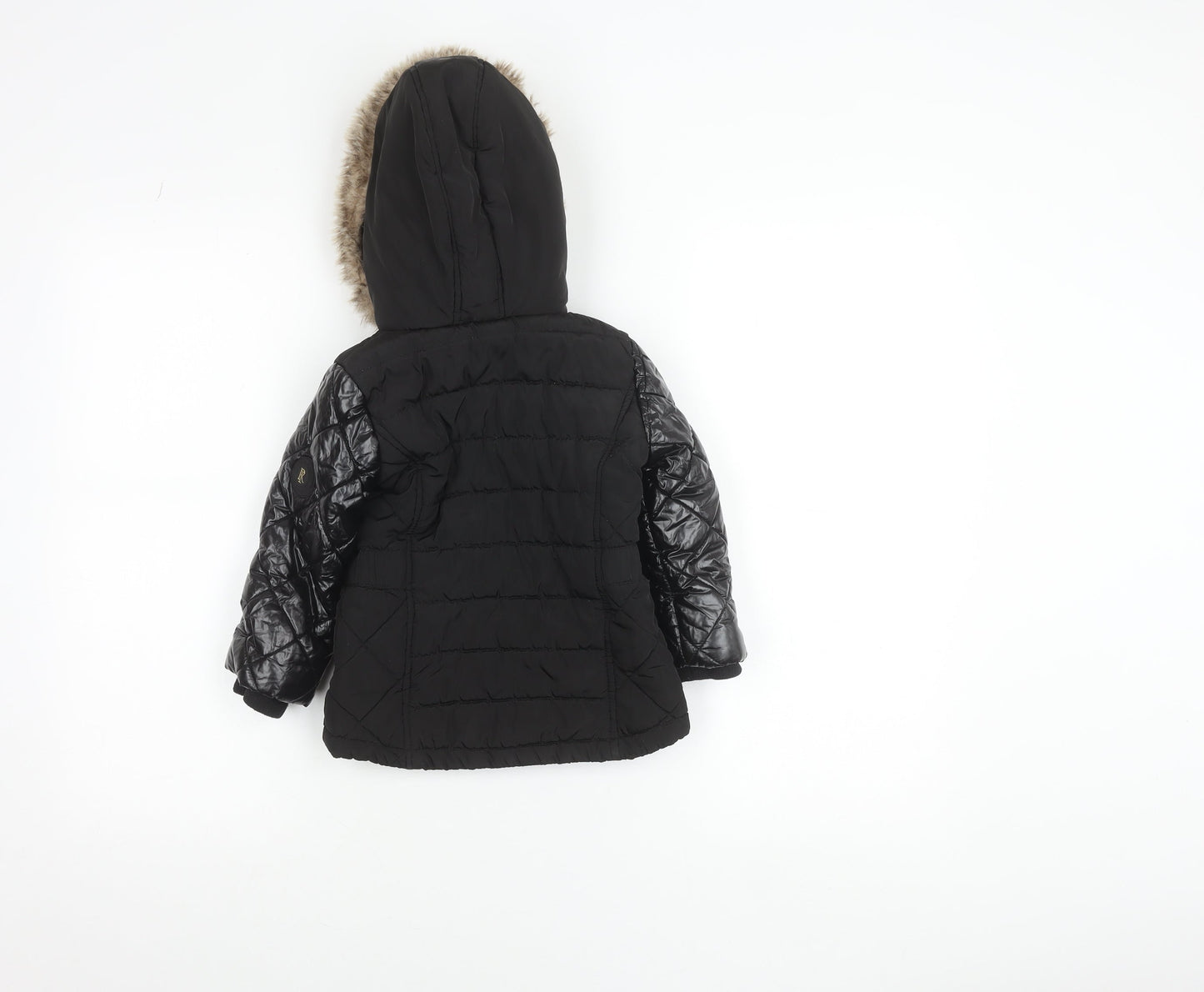 River Island Girls Black Faux Fur Hooded Quilted Puffer Jacket 2-3 Years
