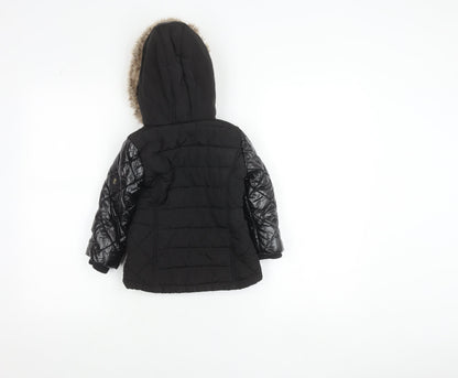 River Island Girls Black Faux Fur Hooded Quilted Puffer Jacket 2-3 Years