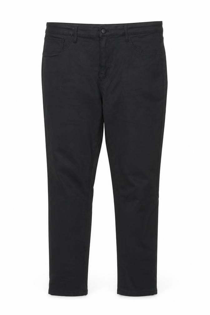 Front view of Gallery women’s black faux leather stretch slim trousers, size UK 20