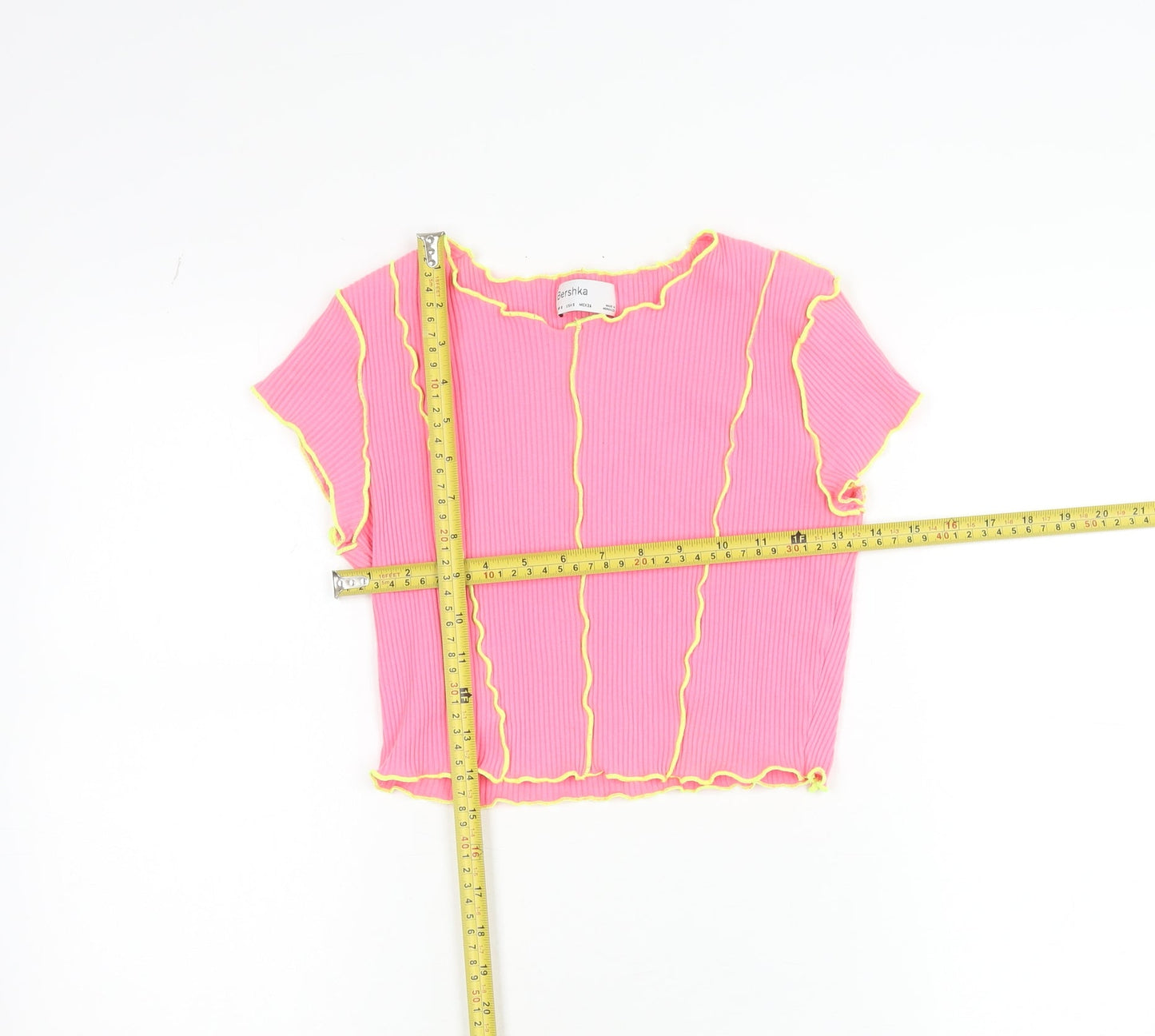 Bershka Girls Pink Cropped Ribbed Slim Fit T-Shirt with Yellow Stitching - Size S