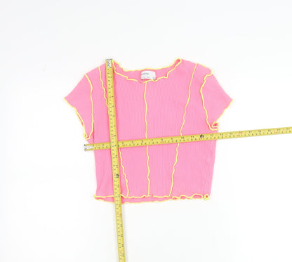 Bershka Girls Pink Cropped Ribbed Slim Fit T-Shirt with Yellow Stitching - Size S