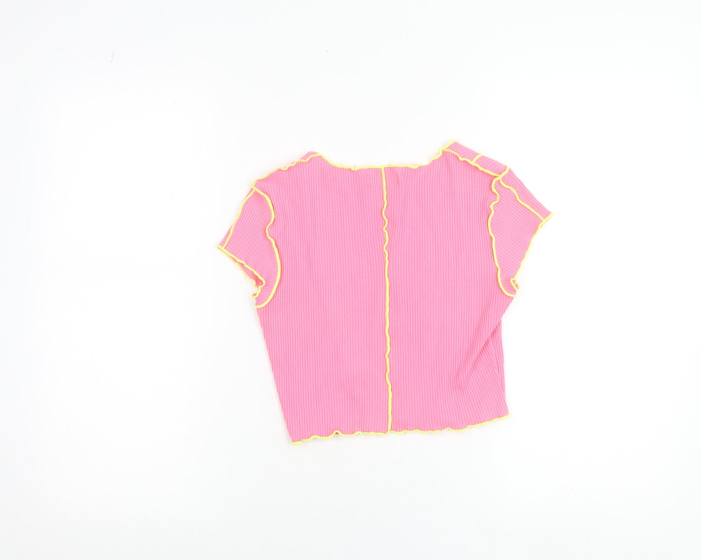 Bershka Girls Pink Cropped Ribbed Slim Fit T-Shirt with Yellow Stitching - Size S