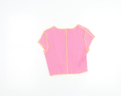 Bershka Girls Pink Cropped Ribbed Slim Fit T-Shirt with Yellow Stitching - Size S