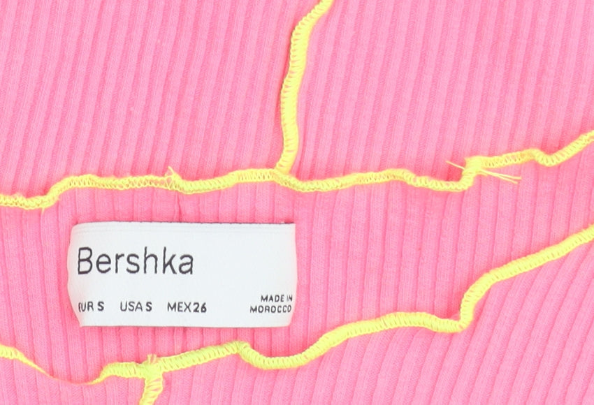 Bershka Girls Pink Cropped Ribbed Slim Fit T-Shirt with Yellow Stitching - Size S