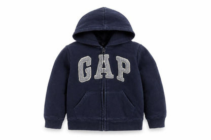 Front view of Gap boys’ blue hooded full zip logo fleece jacket 5 years