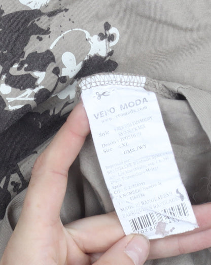 Vero Moda Women's Beige Floral Butterfly Print T-Shirt XL Short Sleeve