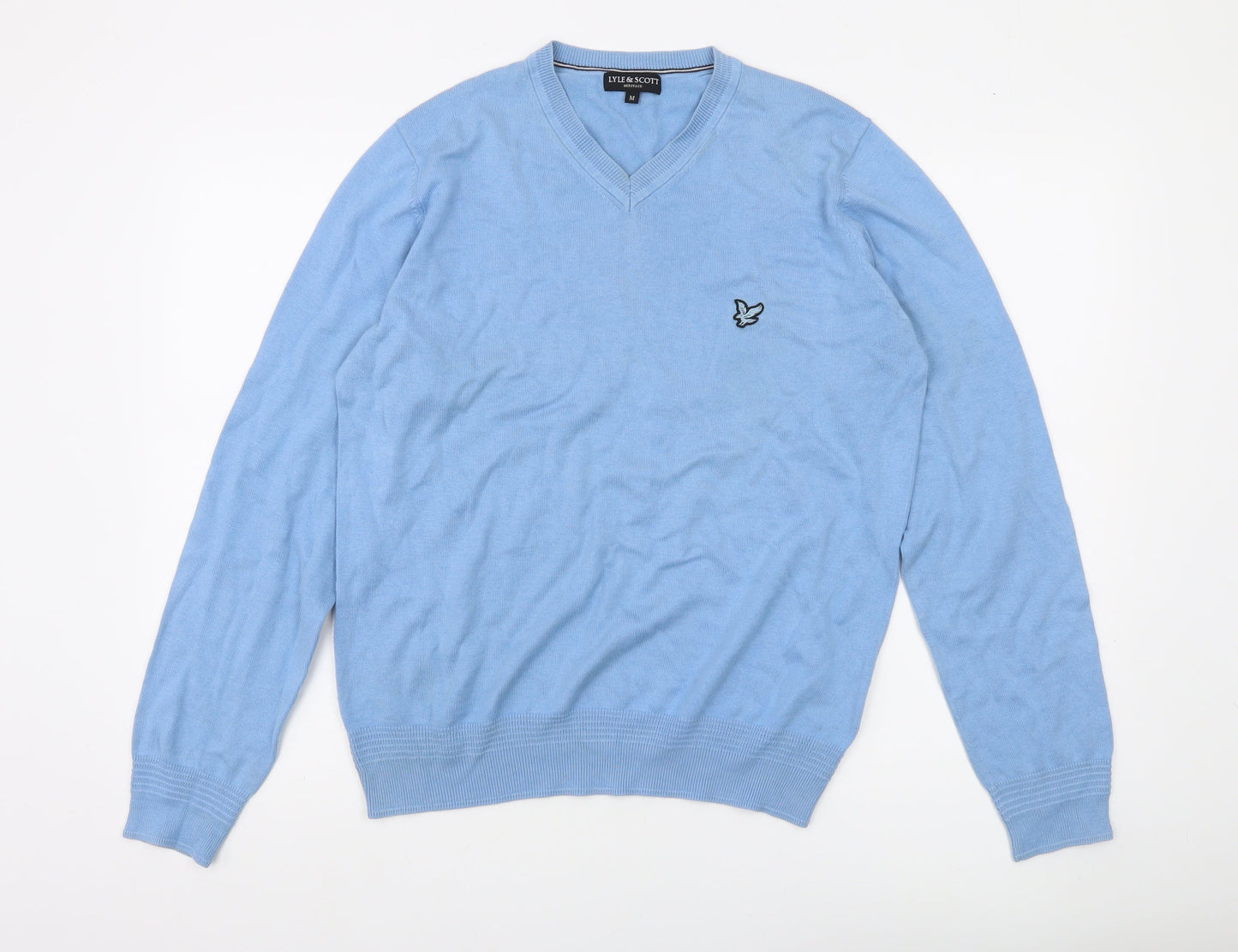 Lyle & Scott Men's Blue Cotton V-Neck Jumper Size M