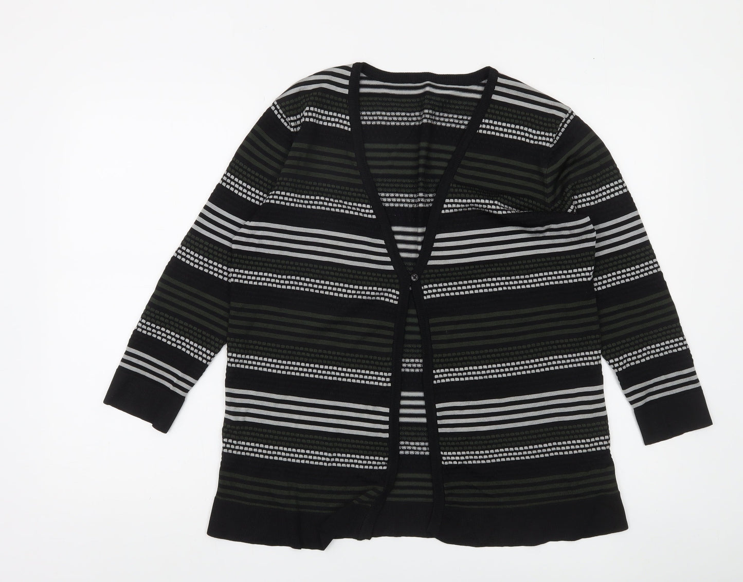Jaeger Womens Black Striped V-Neck Long Sleeve Knit Cardigan L