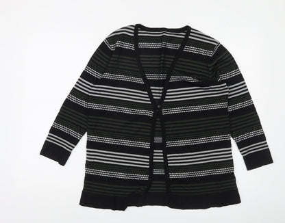Jaeger Womens Black Striped V-Neck Long Sleeve Knit Cardigan L