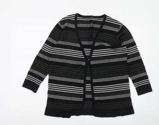 Jaeger Womens Black Striped V-Neck Long Sleeve Knit Cardigan L