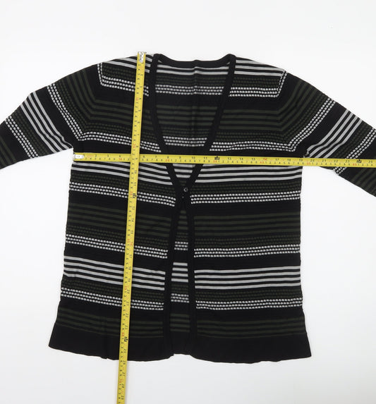 Jaeger Womens Black Striped V-Neck Long Sleeve Knit Cardigan L