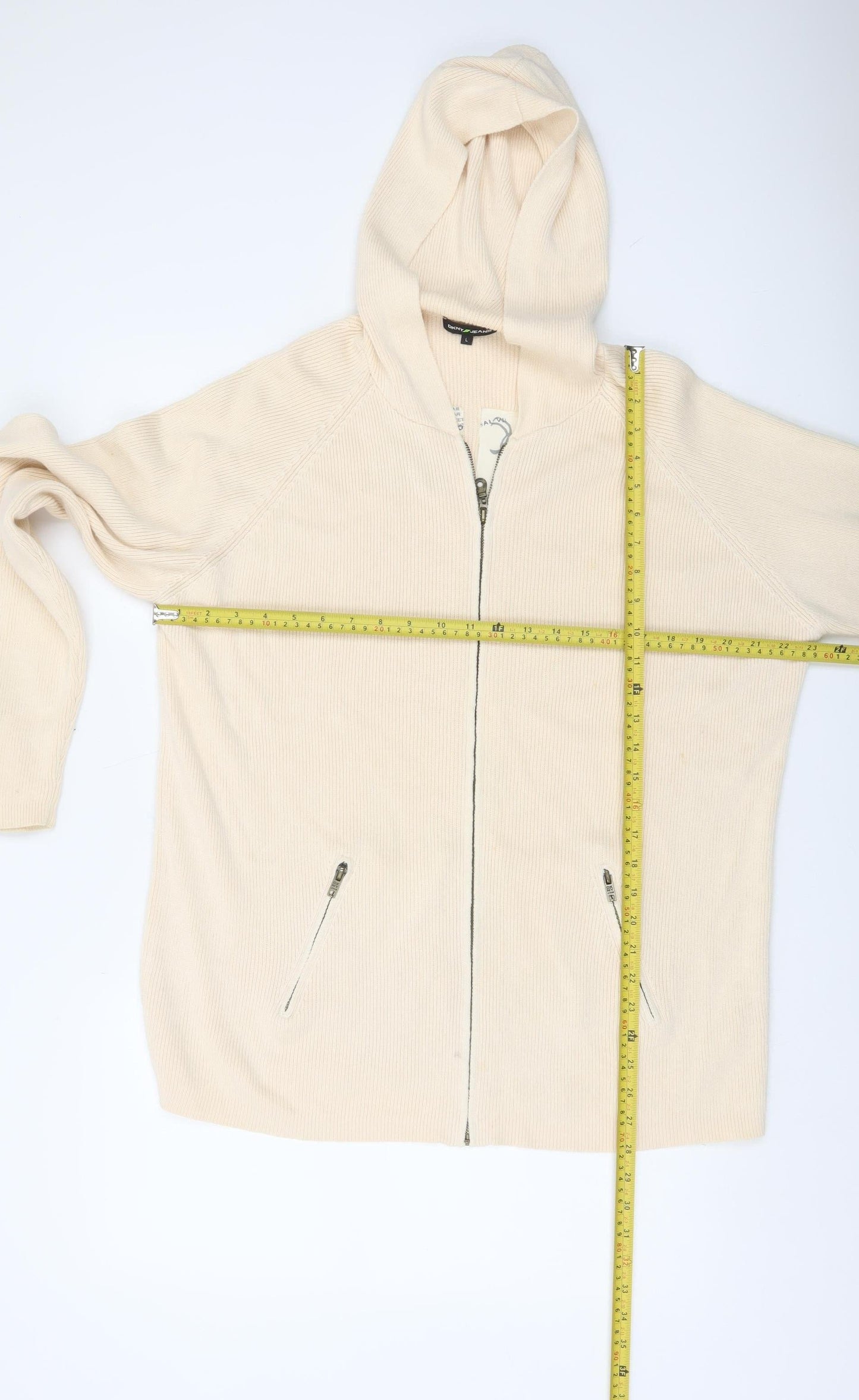 DKNY Jeans Mens Beige L Full Zip Hooded Cotton Jumper