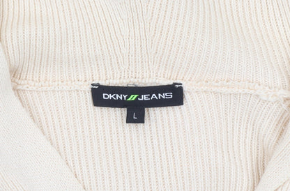 DKNY Jeans Mens Beige L Full Zip Hooded Cotton Jumper