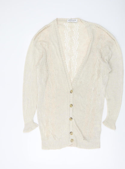 Jaeger Women Beige Linen Silk V-Neck Button Cardigan Size S