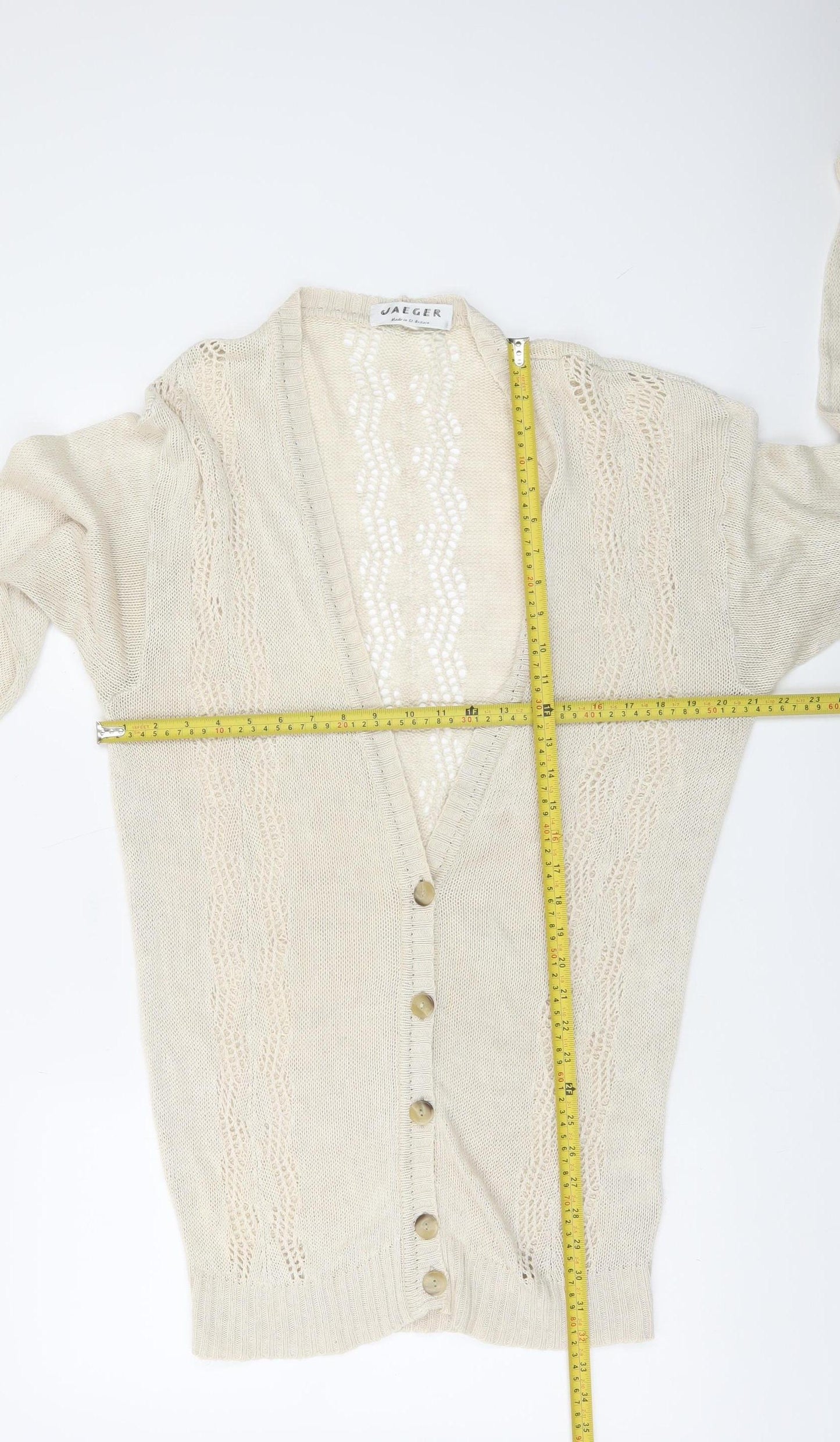 Jaeger Women Beige Linen Silk V-Neck Button Cardigan Size S