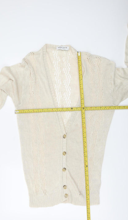 Jaeger Women Beige Linen Silk V-Neck Button Cardigan Size S