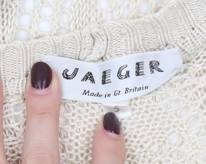 Jaeger Women Beige Linen Silk V-Neck Button Cardigan Size S