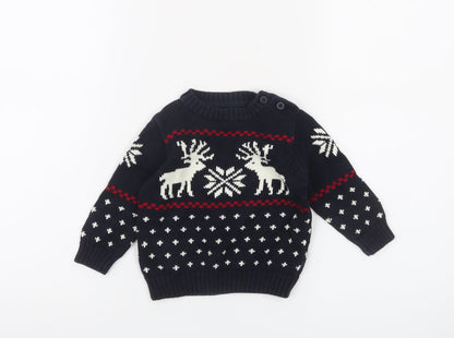 Gant Unisex Baby Navy Blue Reindeer Knit Jumper 3-6 Months Christmas Pullover