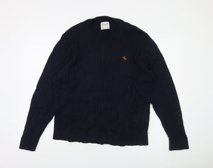 Abercrombie & Fitch Men's Blue Cable-Knit Crew Jumper Size L